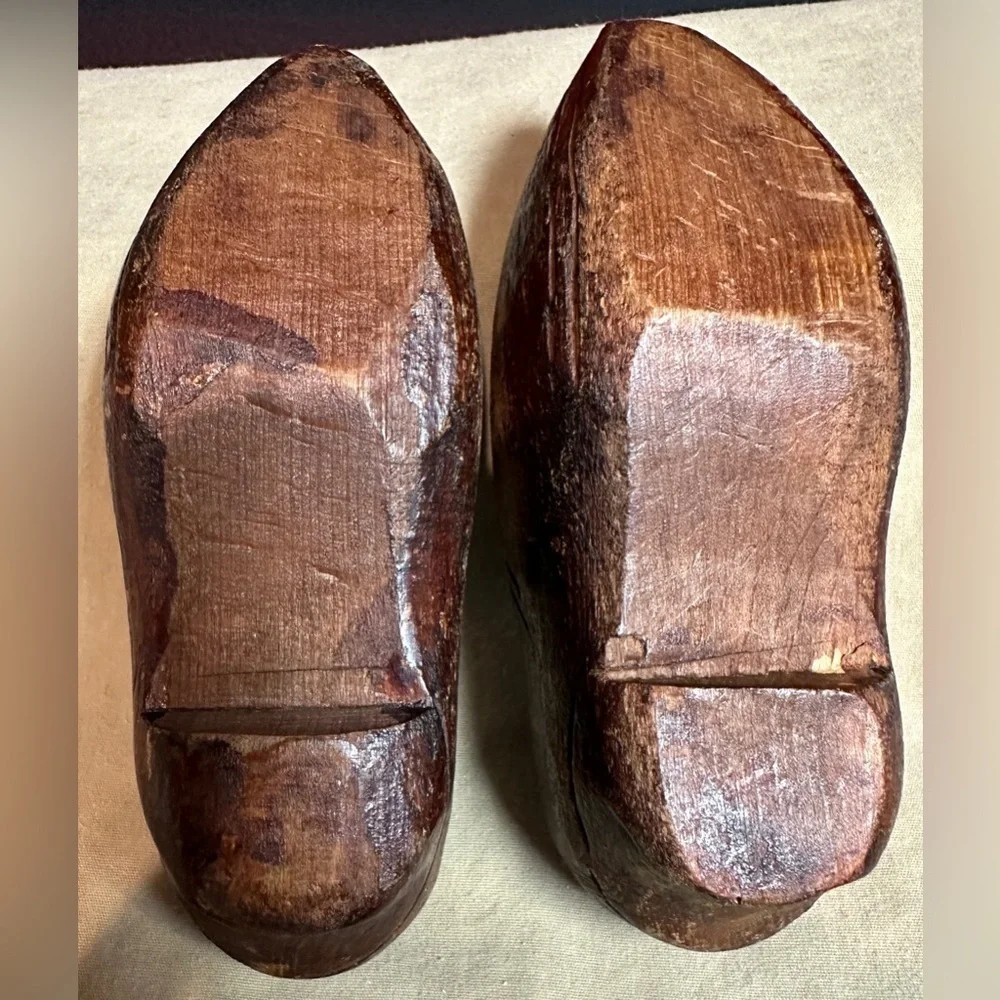 Rustic Hand Carved Antique Vintage Miniature Wooden Souvenir Clogs Flower Detail